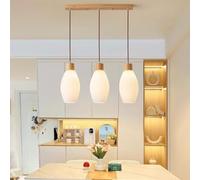 JMrider Wabi-Sabi 3 Lights Pendant Lamp Cream Nordic Style Hanging Rubberwood Glass Lampshade Modern LED Height Adjustable Bedroom Living Room Dining Chandelier Kitchen Bar Villa Café(Beige)