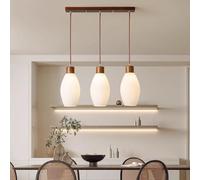JMrider Wabi-Sabi 3 Lights Pendant Lamp Cream Nordic Style Hanging Rubberwood Glass Lampshade Modern LED Height Adjustable Bedroom Living Room Dining Chandelier Kitchen Bar Villa Café(Brown)