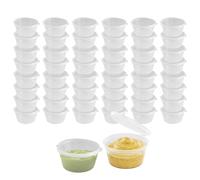 JMS we create smile 100 Pcs Clear Round Hinged Pots with Lids 100ml / 3oz - Plastic Deli Sauce Containers for Chutney, Ketchup, Takeaway, Restaurants & Catering