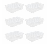 JMS we create smile 32 Litre Crystal Clear Underbed Plastic Storage Box With Secure Clip on Lid/School, Office, Home/Stackable Organizing Box/Container/Large Box (Pack of 6)