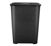JMS we create smile - 65L Litre Large Laundry Basket With Lid - Plastic Rattan Knit Design Black Laundry Hamper Washing Basket Bin with Handles for Linen Clothes Storage Bathroom/Bedroom