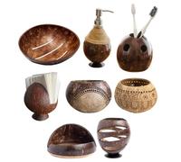 JMS we create smile - 8 pcs Hand cafted Coconut Wooden Bathroom Set - Soap Dispenser, Toothbrush Holder, 2 Candles & Tissue Holder