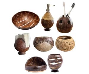 JMS we create smile - 8 pcs Hand cafted Coconut Wooden Bathroom Set - Soap Dispenser, Toothbrush Holder, 2 Candles & Tissue Holder