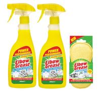 JMS we create smile Elbow Cleaning Set - 500ml All Purpose Degreaser Spray + Non-Scratch Scourers - Surface Cleaner for Kitchen, Oven, BBQ, Car, Pots - (2x Degreaser Spray + Sponge)