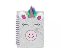 JMS we create smile Paper Jam A5 Plush Unicorn Notebook - Fluffy Faux Fur Spiral Bound Journal, Embroidered Face, 80 Lined Pages 70GSM, Cute Girls Diary, Kawaii Stationery Gift, Rainbow Horn Design.