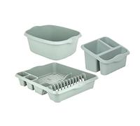 JMS we create smile Plastic Large Kitchen Sink Set of 3 Rectangular Washing Up Bowl, Sink Tidy and Large Dish Drainer (Silver Sage)