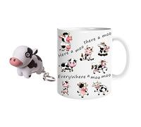 JMS we create smile (Set of 2 1 x Here a Moo There a Moo! Cow Mug & 1 x Cute Cow LED Light Keyring Keychain with Moo Sound Funny Cartoon Cow Printed Ceramic Coffee/Tea Mug Kawaii White Mug