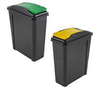 JMS we create smile (Set of 2) 25 Litre Plastic Indoor Slimline Bin Waste Storage Bin Plastic Bin Recycle Rubbish Dustbin with Colour Flap Lid For Home Kitchen Bathroom - Made in UK (Green + Yellow)