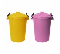 JMS we create smile - {SET OF 2) 50L Extra Large Storage Bin, Garden Plastic Dustbin Garden Storage Unit Clip On Locking Lid Heavy Duty for Rubbish Waste Animal Feed. (Yellow + Pink)