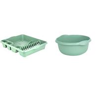 JMS we create smile Set of 2 Plastic Kitchen Large Dish Drainer with 32cm Round Washing Up Bowl (Silver Sage)
