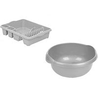 JMS we create smile Set of 2 Plastic Kitchen Large Dish Drainer with 32cm Round Washing Up Bowl (Soft Grey)