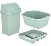 JMS we create smile - Set of 3 Plastic 50L Litre Swing Bin + Large Dish Drainer + Rectangular Washing Up Bowl Multipurpose Drying Rack Organizer Office Home & Kitchen Accessories (Silver Sage)