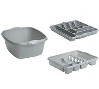 JMS we create smile Set of 3 Plastic Kitchen Large Dish Drainer Rectangular Washing Up Bowl with Large Cutlery Tray Set (Silver)