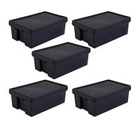 JMS we create smile Set of 5 - Recycled Plastic Storage Box Container With Lid For Storage Shoes Toys Garage Home School Office Stackable Nestable- Made in UK (36 Litre, Black)