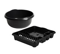 JMS we create smile Set of Midnight Black/Dark Grey Washing Up Bowl With Large Plastic Dish Drainer Plate Cutlery Rack Kitchen Sink Holder Stand Organiser Basin Sink Tidy