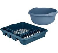 JMS we create smile Set of Washing Up Bowl With Large Plastic Dish Drainer Plate Cutlery Rack Kitchen Sink Holder Stand Organiser Basin Sink Tidy (Midnight Navy)
