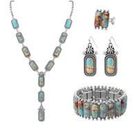 JMScape 4 PCS Western Turquoise Jewelry for Women Boho Vintage Navajo Pearl Necklace Earring Bracelet Ring Set Country Cowgirl Accessories for Gift, Large, Metal, Turquoise