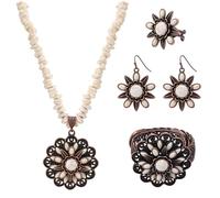 JMScape 4 PCS Western Turquoise Jewelry for Women Boho Vintage Navajo Pearl Necklace Earring Bracelet Ring Set Country Cowgirl Accessories for Gift, Large, Metal, Turquoise