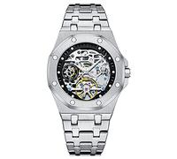 JMSL Men's watches automatic, wristwatch with stainless steel bracelet, mechanical glass bottom skeleton clocks, dial waterproof,Silver