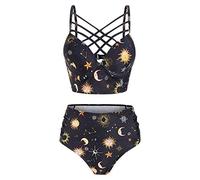 JMSUN Summer Women Sexy and Comfortable Sun Star Moon Lattice Underwire Tankini Swimsuit Yellow