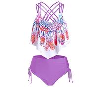 JMSUN Women Feather Print Strappy Cinched Tankini Swimwear - - Small