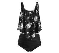 JMSUN Women Sun Stars Moon Flounce High Waisted Tankini Swimsuit, Black2, Medium