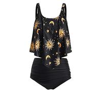 JMSUN Women's Two Piece Tankini Moon Print Ruffle High Waisted Tankini Set Swimsuit Oversized Bathing Suit, Yellow, XX-Large