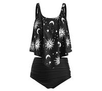 JMSUN Women's Two Piece Tankini Moon Print Ruffle High Waisted Tankini Set Swimsuit Oversized Bathing Suit, Black, XX-Large