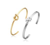 JMTOBETOP 2pcs Stainless Steel Tie Knot Cuff Bangle for Women,Thin Wire Open Bangle Twist Knot Bridesmaid bracelet with 14k Real Gold Plated, Middle, Stainless Steel, Cubic Zirconia