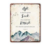 JMVLVLOA Religious Scripture Wall-Art Matthew 7 Ask Seek Knock Metal Sign for Decor 8 X 12 in