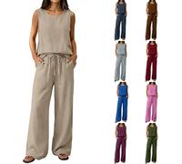 Jmwedia Co Ord Sets For Women Uk Cotton Linen Summer 2 Piece Lounge Wear Set Sleeveless Round Neck Plus Size Vest Tops And Wide Leg Trousers With Drawstring Casual Holiday Airport Travel Outfits