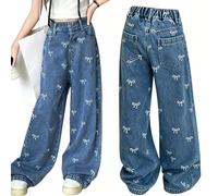 Jmwedia Girls Baggy Jeans Kids Bow Print Jeans Cute Pattern Blue Elasticated Waist Teens Denim Cargo Pants Wide Leg Girl Hip Hop Trousers Vintage Casual Spring Summer Joggers