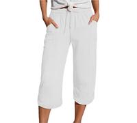 Jmwedia Linen Shorts, 2025,Summer 3/4 Trousers Lightweight with Pockets Causal Loose Fit Elastic Comfortable Fabric Sport Leisure Beach Hiking Capri Holiday Pants White