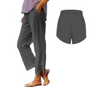 Jmwedia Linen Trousers Women,Elasticated Waist for Summer Lounge Pants Joggers Pant Cropped Trousers Wide Leg Loose Fit Lightweight with Pockets Casual Holiday Beach Pants Grey
