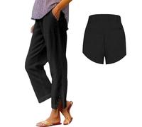 Jmwedia Linen Trousers Womens,Elasticated Waist for Summer Lounge Pants Joggers Pant Cropped Trousers Wide Leg Loose Fit Lightweight with Pockets Casual Holiday Beach Pants Black