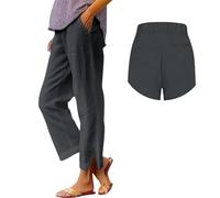 Jmwedia Linen Trousers Womens,Elasticated Waist for Summer Lounge Pants Joggers Pant Cropped Trousers Wide Leg Loose Fit Lightweight with Pockets Casual Holiday Beach Pants Dark Gray