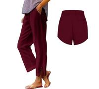 Jmwedia Linen Trousers Womens,Elasticated Waist for Summer Lounge Pants Joggers Pant Cropped Trousers Wide Leg Loose Fit Lightweight with Pockets Casual Holiday Beach Pants Wine