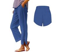 Jmwedia Linen Trousers Womens,Elasticated Waist for Summer Lounge Pants Joggers Pant Cropped Trousers Wide Leg Loose Fit Lightweight with Pockets Casual Holiday Beach Pants Blue