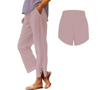 Jmwedia Linen Trousers Womens,Elasticated Waist for Summer Lounge Pants Joggers Pant Cropped Trousers Wide Leg Loose Fit Lightweight with Pockets Casual Holiday Beach Pants Pink