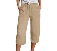 Jmwedia White Linen Trousers Womens,Deals,Summer 3/4 Trousers Lightweight with Pockets Causal Loose Fit Elastic Comfortable Fabric Sport Leisure Beach Hiking Capri Holiday Pants
