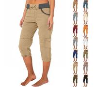 Jmwedia Womens Cropped Cargo Trousers Summer 3/4 Length Walking Joggers Shorts Lightweight Drawstring Elasticated Waist Ladies Capri Outdoor Hiking Work Pants with Pockets Khaki