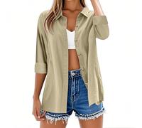 Jmwedia Women's Linen Tops,Daily Deals,Long Sleeve Shirt Tops Casual Button Down Cotton Linen Shirts Summer Blouses V Neck Roll up Collared Loose Oversized Tees Office Dressy Blouse Beige