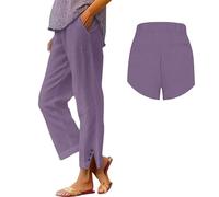Jmwedia Womens Linen Trousers,Elasticated Waist for Summer Lounge Pants Joggers Pant Cropped Trousers Wide Leg Loose Fit Lightweight with Pockets Casual Holiday Beach Pants Purple