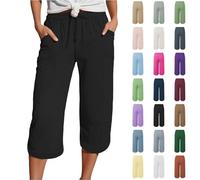 Jmwedia Womens Summer Trousers,Deals,Summer 3/4 Trousers Lightweight with Pockets Causal Loose Fit Elastic Comfortable Fabric Sport Leisure Beach Hiking Capri Holiday Pants Black