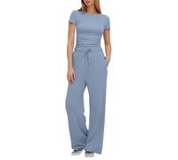 Jmwedia Womens Tracksuit Set Two Piece Outfits Stretch Short- Sleeve Crop Top and Drawstring Elastic Waist Wide Leg Trouser Solid Color Lounge Sets with Pockets Outfits Ladies Yoga Trousers Suit Blue