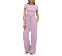 Jmwedia Womens Tracksuit Set Two Piece Outfits Stretch Short- Sleeve Crop Top and Drawstring Elastic Waist Wide Leg Trouser Solid Color Lounge Sets with Pockets Outfits Ladies Yoga Trousers Suit Red