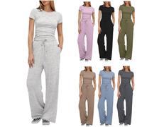 Jmwedia Womens Tracksuit Set Two Piece Outfits Stretch Short- Sleeve Crop Top and Drawstring Elastic Waist Wide Leg Trouser Solid Color Lounge Sets with Pockets Outfits Ladies Yoga Trousers Suit