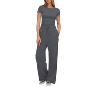 Jmwedia Womens Tracksuit Set Two Piece Outfits Stretch Short- Sleeve Crop Top and Drawstring Elastic Waist Wide Leg Trouser Solid Color Lounge Sets with Pockets Outfits Ladies Yoga Trousers Suit