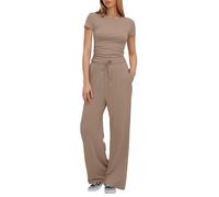 Jmwedia Womens Tracksuit Set Two Piece Outfits Stretch Short- Sleeve Crop Top and Drawstring Elastic Waist Wide Leg Trouser Solid Color Lounge Sets with Pockets Outfits Ladies Yoga Trousers Suit