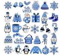 JMZLLRX 32 PCS Iron on Patches Blue Santa Claus Penguin Snowflake Embroidery Sew on Patch Appliques Stickers for Craft, Clothing Hats Bags